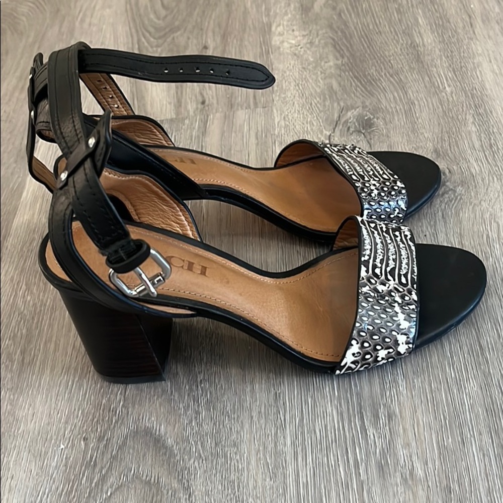 Coach Open Toe Black Snake Skin Heels